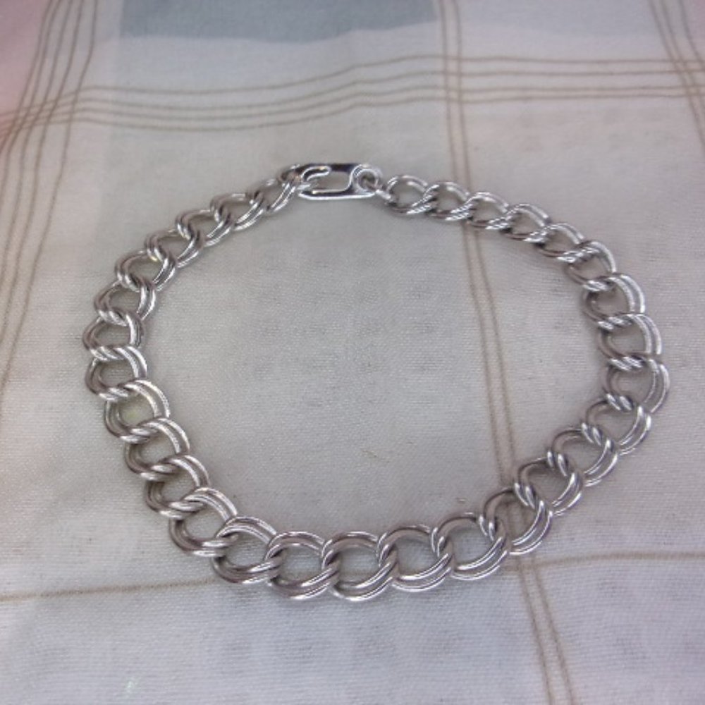 Vintage Silver Tone Double Link Chain Bracelet 7.5" Long